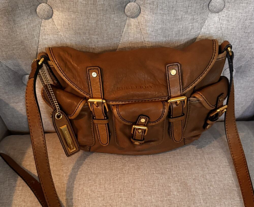 Athentic Burberry Brown Leather Crossbody Bag Front Flap Pockets